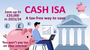 Illustration showing UK saver reviewing tax free savings with pound symbols representing Cash ISA accounts in the UK.