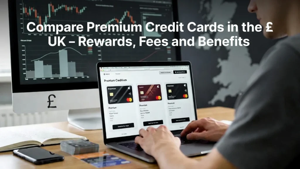 UK consumer comparing premium credit cards and analysing rewards, fees, and financial benefits on a laptop.