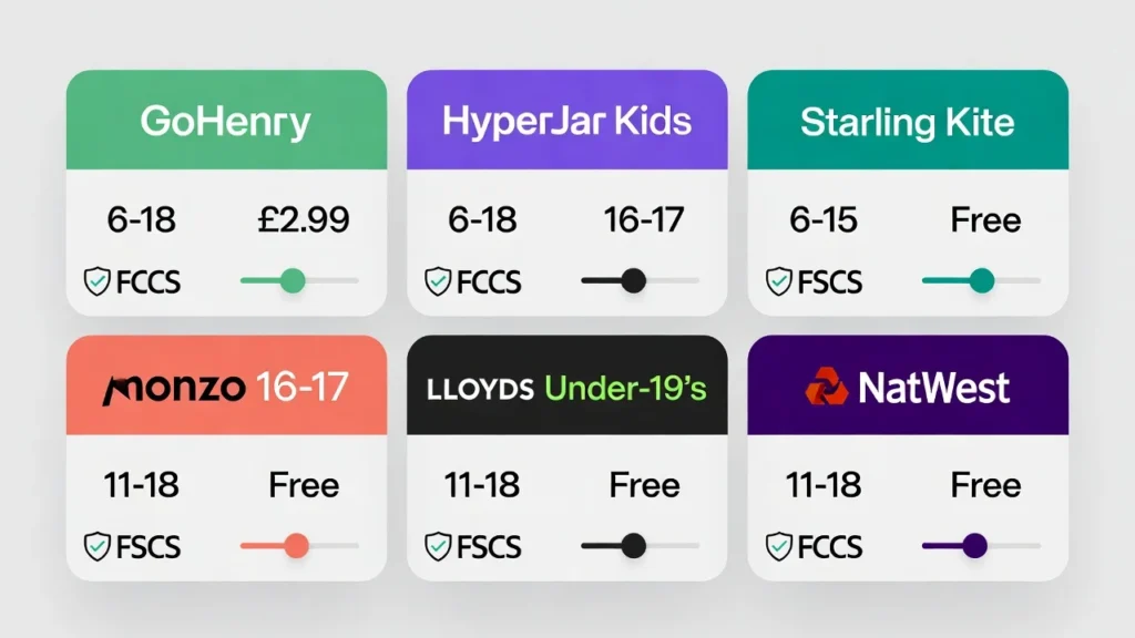 Comparison chart showing six UK children's banking providers including GoHenry, HyperJar Kids, Starling Kite, Monzo 16-17, Lloyds Under-19s, and NatWest with details on age ranges, monthly fees, FSCS protection, and parental controls