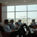 Business travellers using airport lounge access in the UK through complimentary lounge access credit cards.