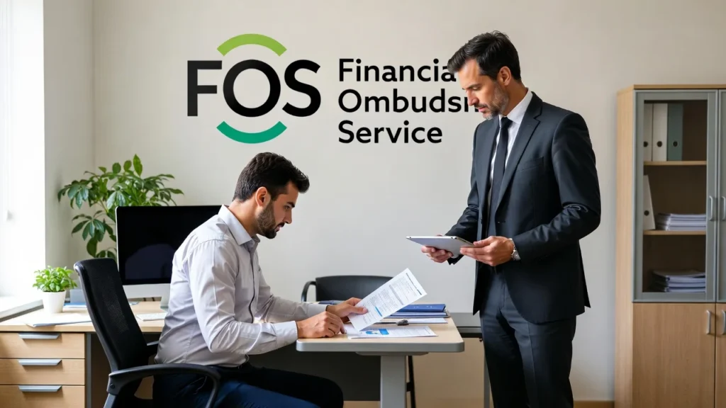 UK consumer discussing financial dispute resolution with advisor, FOS logo visible