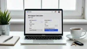 Laptop showing UK mortgage calculator with GBP figures and home buying planning tools on desk