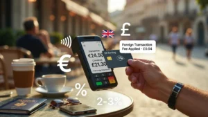 UK traveller paying abroad with card showing foreign transaction fees and currency conversion