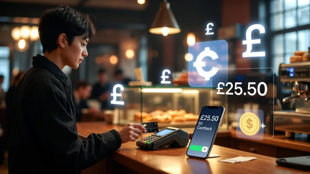 Young UK consumer using first credit card with cashback reward illustration
