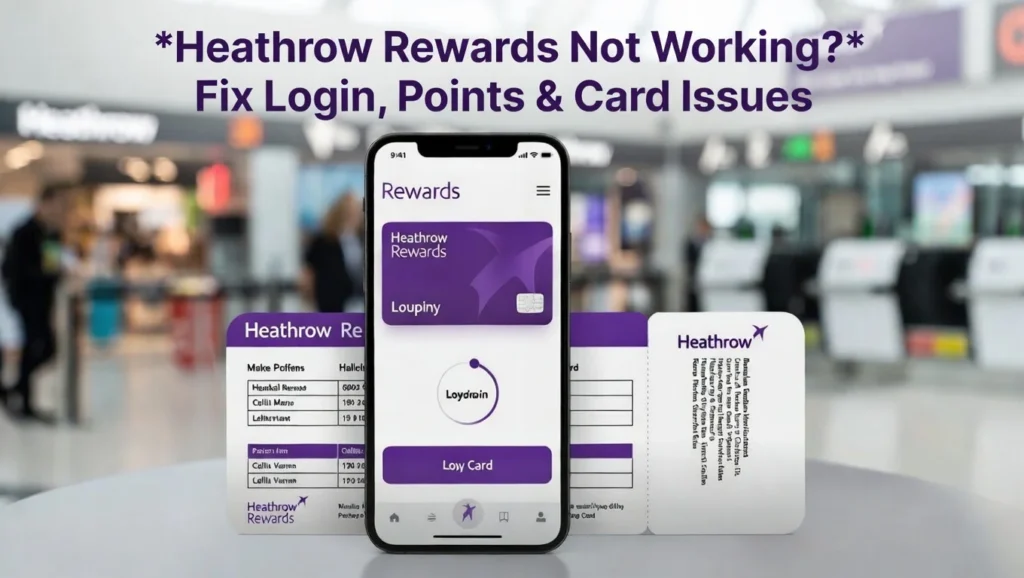 A person holding a smartphone displaying the Heathrow Rewards digital card on the screen, with a blurred airport terminal interior in the background featuring shops and natural light.