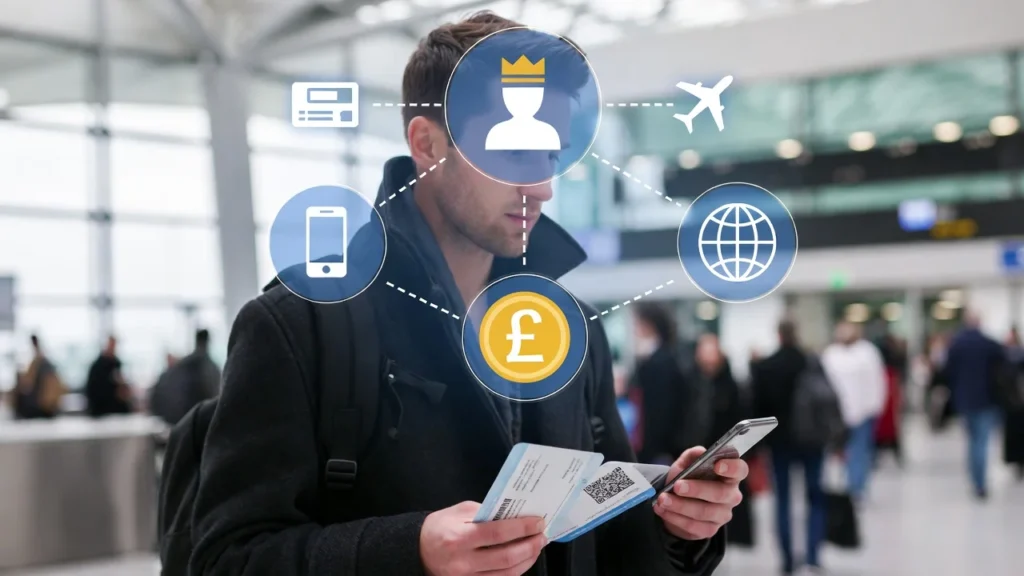 UK traveller at Heathrow Airport using Heathrow Rewards and Avios points for flight booking