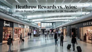 Heathrow Airport travellers comparing Heathrow Rewards points and Avios airline miles loyalty programmes