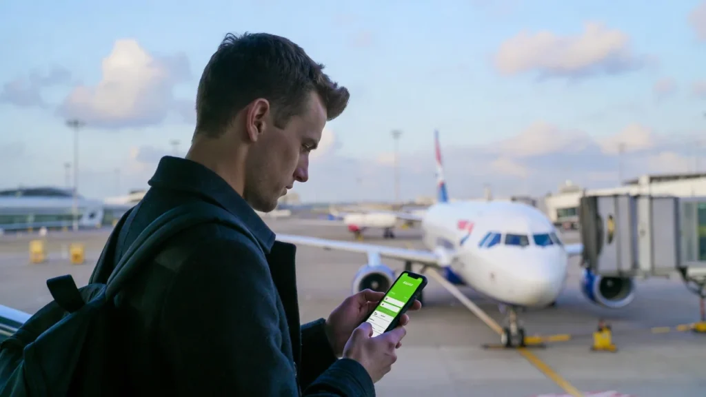 UK traveller checking Avios points on smartphone at Heathrow Airport