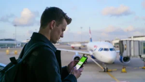 UK traveller checking Avios points on smartphone at Heathrow Airport