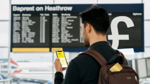 UK traveller at Heathrow Airport checking Avios points on smartphone before flight