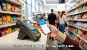 UK shopper paying with cashback credit card while checking cashback balance in GBP on mobile banking app.