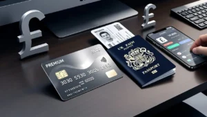Premium elite credit card with UK passport and travel items representing high-end credit cards in the United Kingdom.