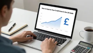 Person checking credit score report on laptop with rising graph and GBP symbol in the UK.