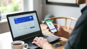 Person making a credit card payment online in the UK using a laptop and mobile app