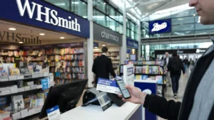 Traveller redeeming Heathrow Rewards points for shopping at WHSmith inside Heathrow Airport