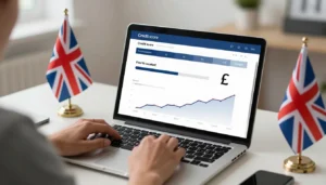 Person checking UK credit score estimator online with GBP financial dashboard on laptop.