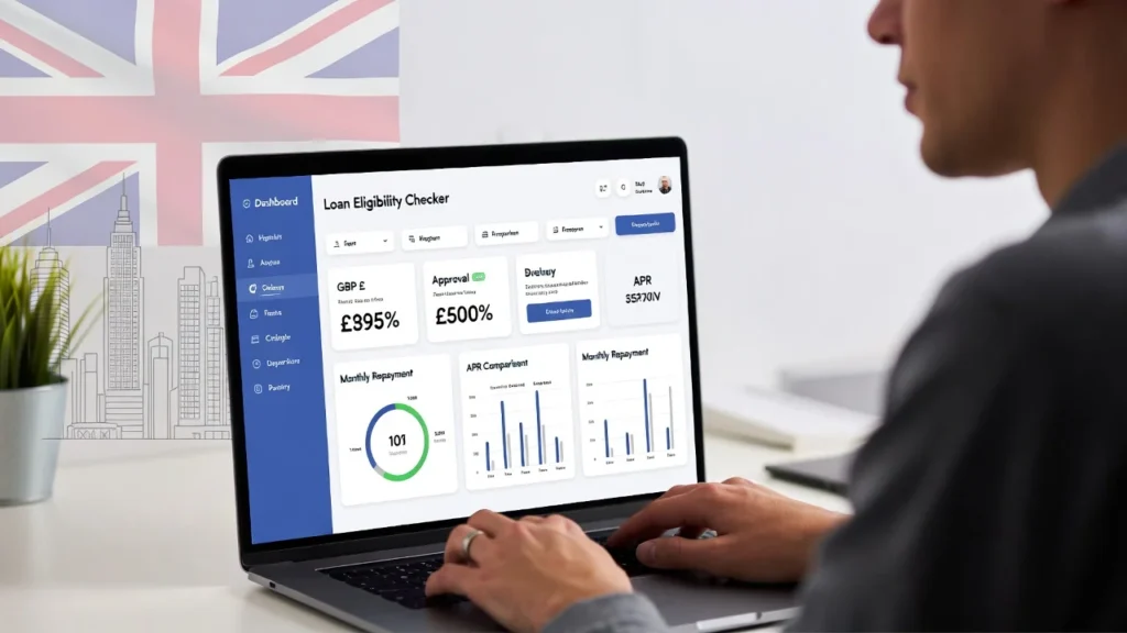Person using a laptop to check loan eligibility online with GBP amounts and APR comparison displayed on screen