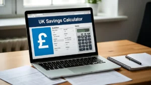 Laptop displaying a savings calculator with GBP currency symbol and financial planning notes on a desk.