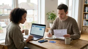 UK couple managing joint bank accounts and reviewing shared finances at home
