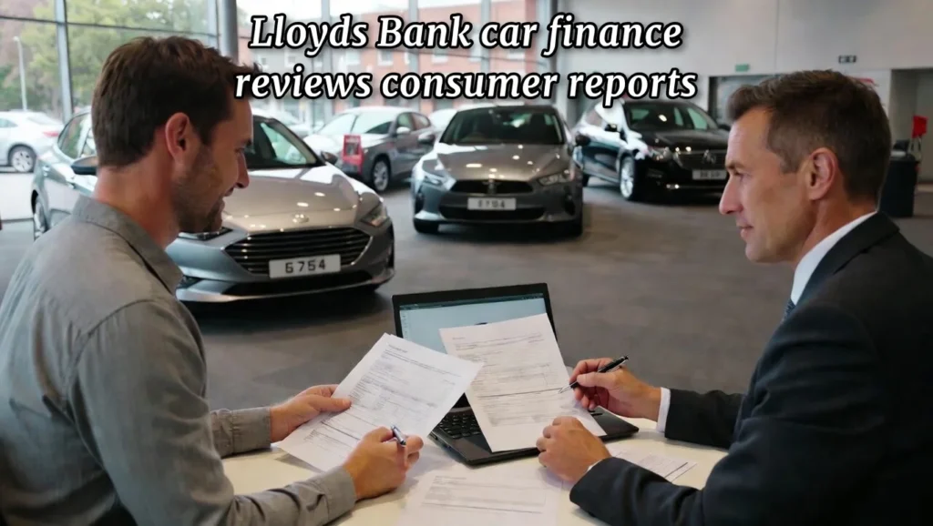 UK customer discussing car finance agreement at dealership while reviewing Lloyds Bank car finance terms.