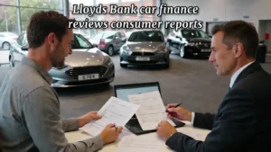 UK customer discussing car finance agreement at dealership while reviewing Lloyds Bank car finance terms.