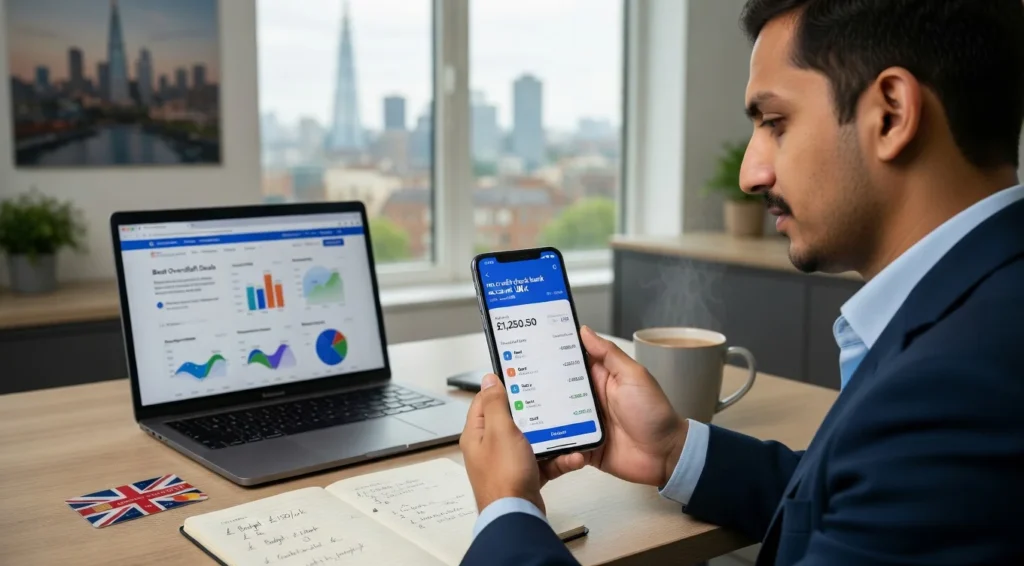 person using mobile app for no credit check bank accounts UK with overdraft