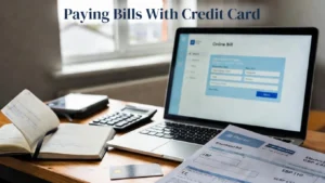 Person paying household bills online using a credit card with UK currency and utility bills on a desk