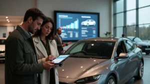 Couple reviewing personal contract purchase car finance agreement in UK dealership
