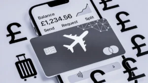 Illustration of a premium credit card with pound symbols and travel icons representing UK credit card rewards and benefits