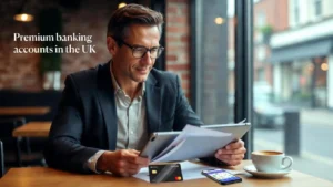 Professional reviewing premium banking account benefits on tablet with black debit card and smartphone in modern UK coffee shop setting