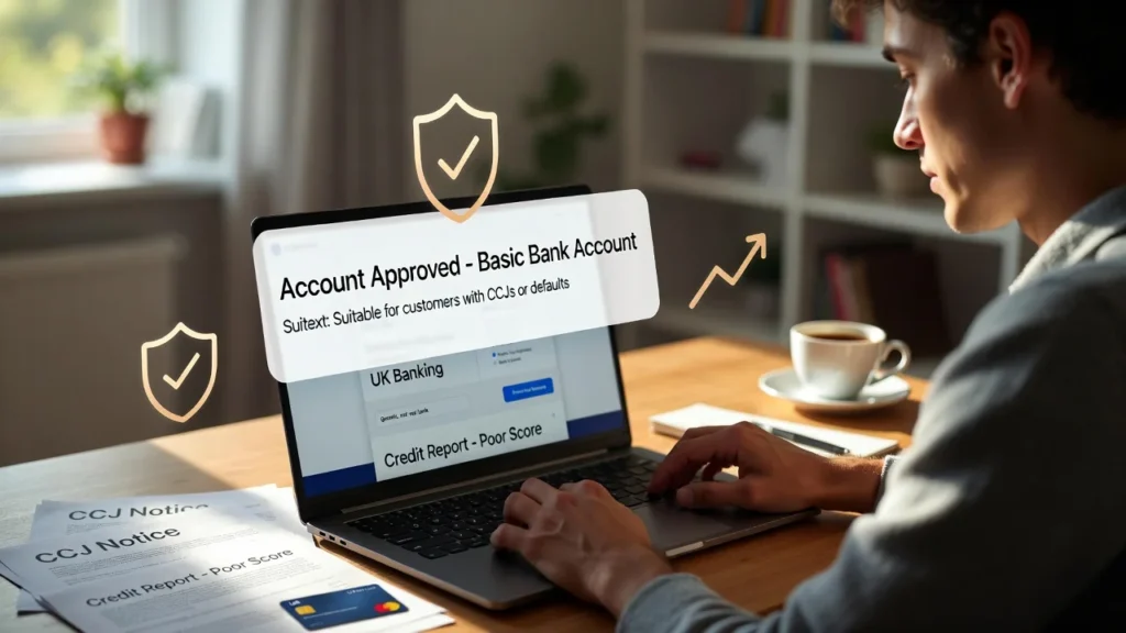 Person reviewing second chance bank account approval with CCJ documents and debit card in UK