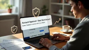 Person reviewing second chance bank account approval with CCJ documents and debit card in UK