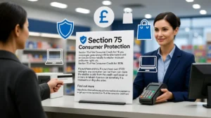 Illustration showing a UK consumer using a credit card with Section 75 protection symbol and pound sterling icons.