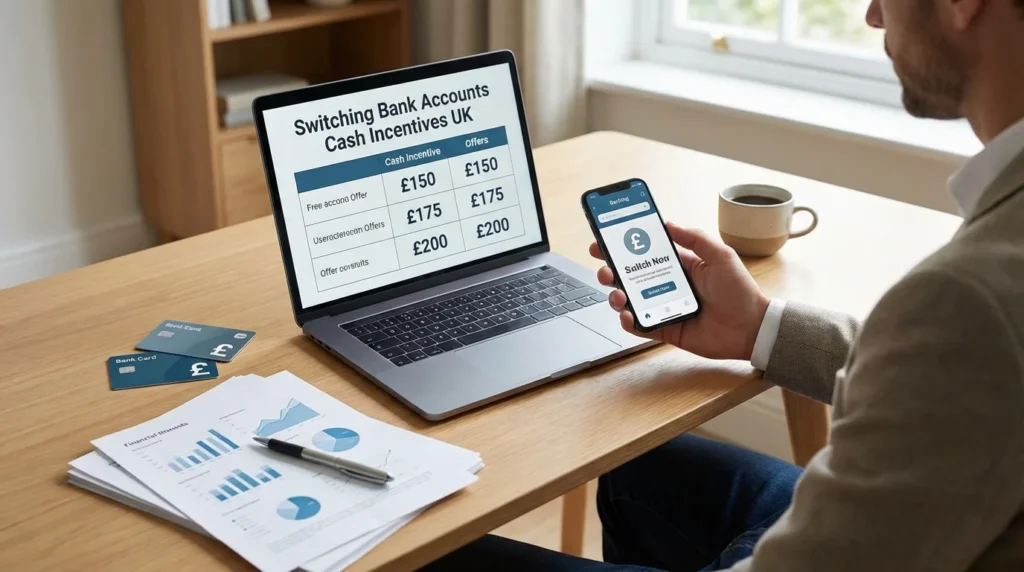 Person reviewing switching bank accounts cash incentives UK offers on laptop and phone