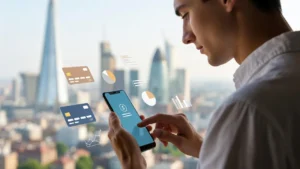 Young adult in UK using mobile banking app to compare best bank accounts