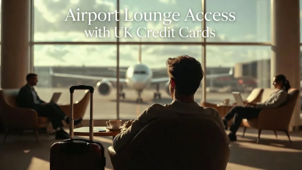 A relaxed traveller sits in a comfortable chair inside a modern UK airport lounge, looking out at a plane on the tarmac. A cup of coffee sits on the table beside them, illustrating the benefits of a travel credit card with lounge access.