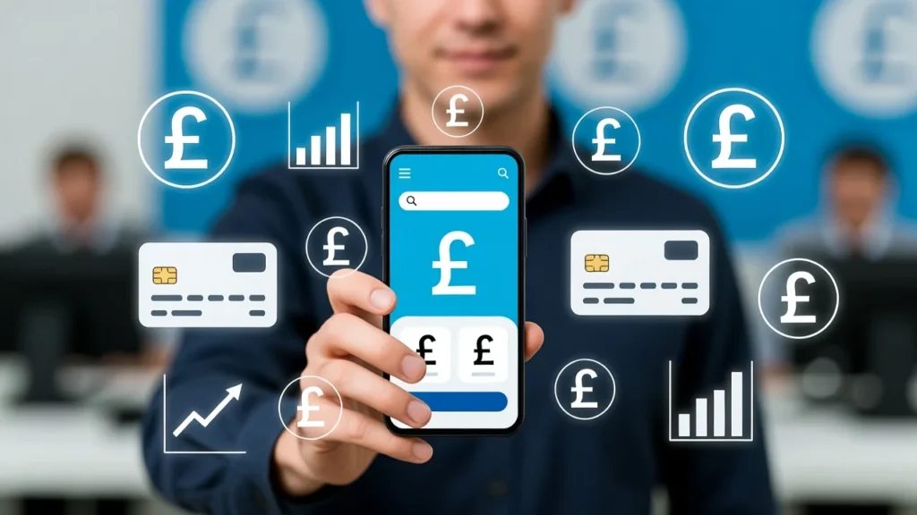 Person using mobile banking app in the UK to compare current accounts and manage finances