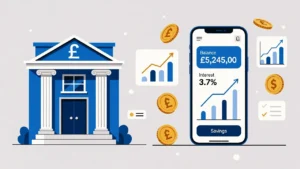 Comparison of UK banking and fintech savings options showing traditional bank and mobile finance app with pound savings concept.