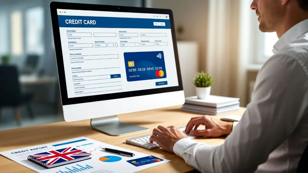 UK resident reviewing American Express credit card eligibility and credit score report on laptop