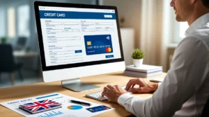 UK resident reviewing American Express credit card eligibility and credit score report on laptop