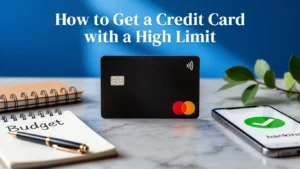 A top-down view of a black credit card on a marble surface next to a notebook labelled "Budget", a smartphone, and a pen, symbolising responsible UK financial management.