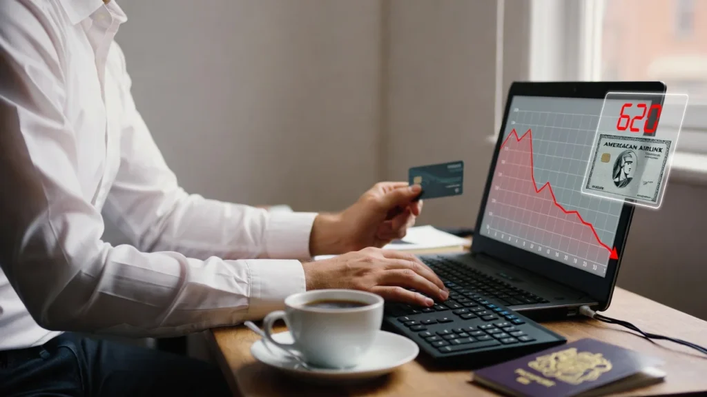 UK resident reviewing credit score on laptop while holding American Express airline credit card