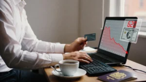 UK resident reviewing credit score on laptop while holding American Express airline credit card