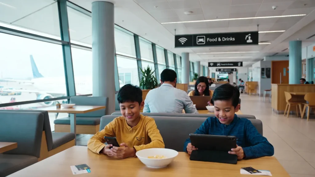 Family of four relaxing in a UK airport lounge with snacks, laptops, and boarding passes