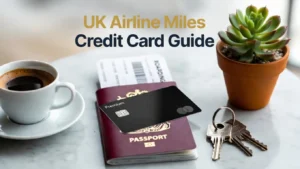 Flat lay of a black credit card, a boarding pass, a passport, and a coffee cup on a marble surface, illustrating UK travel rewards.