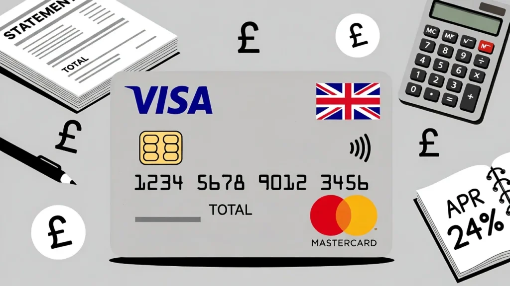 Illustration of UK credit card with APR percentage, calculator, and financial documents showing borrowing costs in pounds.