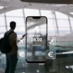 UK traveller checking Avios points balance on smartphone at Heathrow Airport with British Airways plane in background.