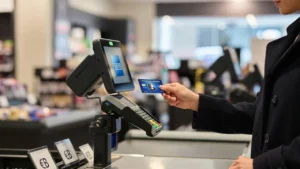 Customer using an American Express credit card at a UK retail checkout with GBP pricing visible.