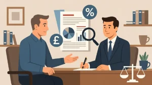 Illustration explaining what is the purpose of a financial services ombudsman in the UK helping consumers resolve financial complaints.