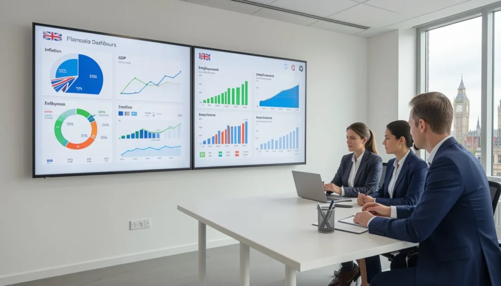 Office for National Statistics ONS UK analysts reviewing economic data charts and inflation statistics